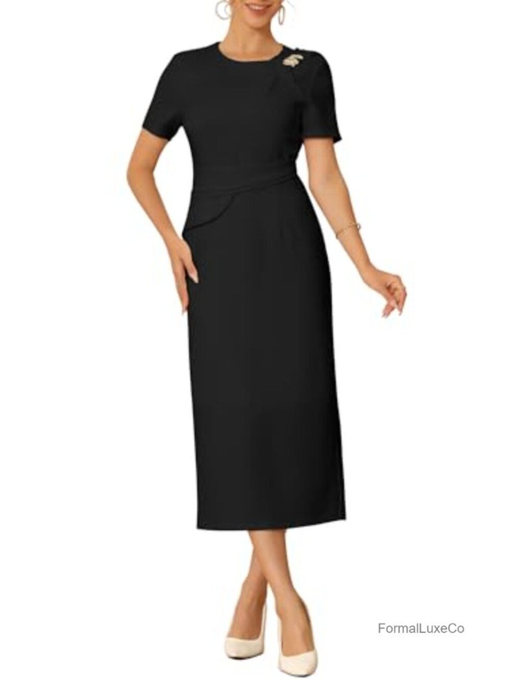 Sheath Midi Dress Short Sleeve Crewneck Formal Work with Metallic Decor